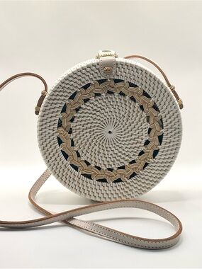 Pink Haley White Round Woven Crossbody with Tan Accents